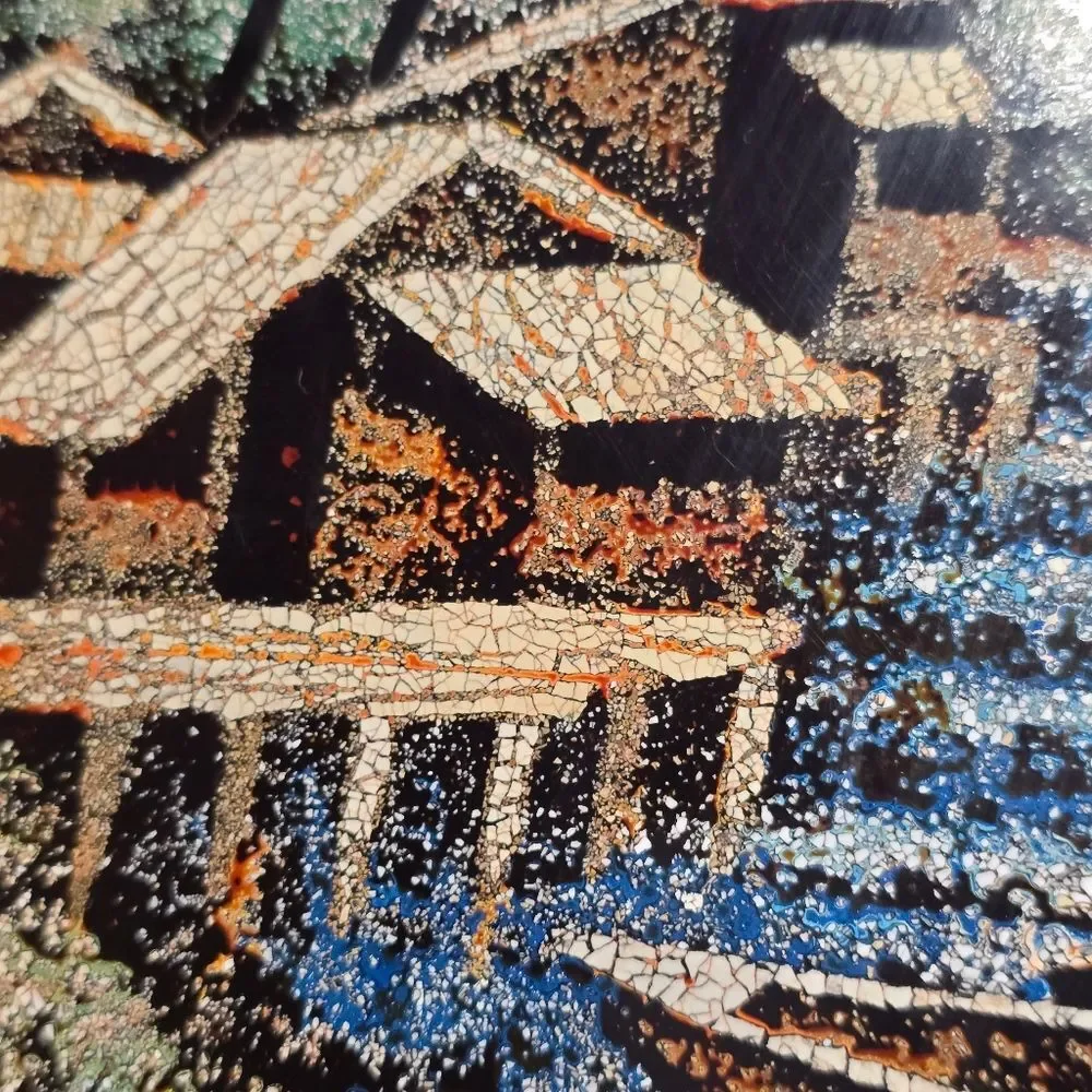 Vintage Vietnamese Village Wooden Black Lacquered Eggshell Inlay Art Plaque